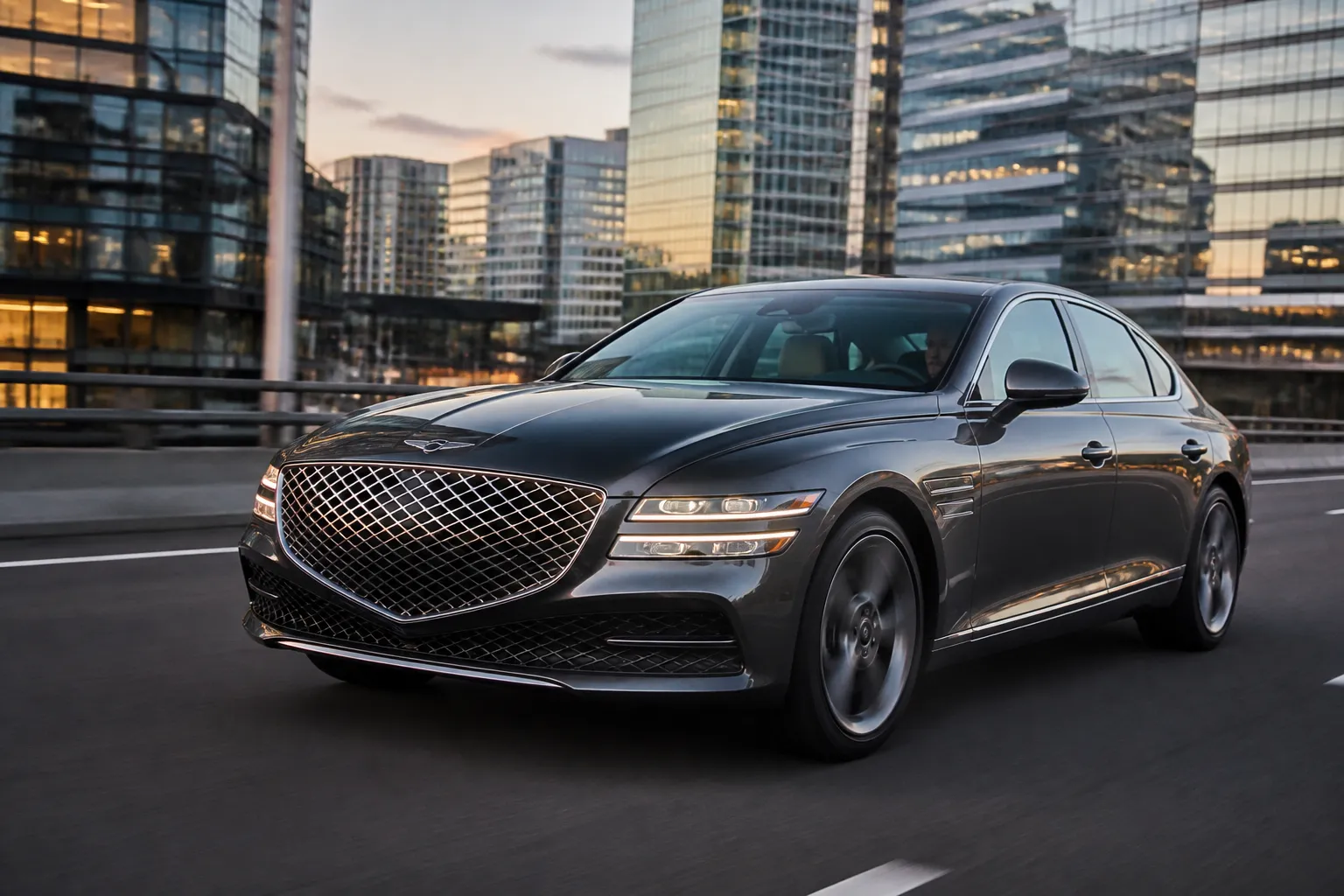 Genesis G80 на городской дороге в вечернем свете. Премиальный седан показан спереди под углом на фоне современного делового района.