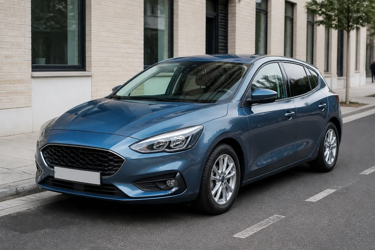 Свежий Ford Focus стоит на городской улице перед тест-драйвом. Вид спереди под углом, рядом дорога и современная городская застройка.