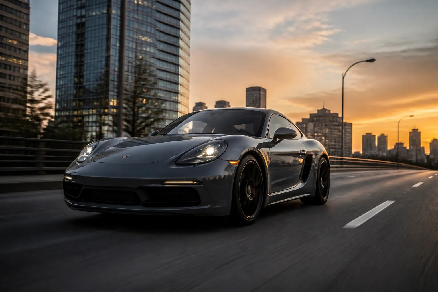 Porsche 718 Cayman на городской дороге перед поворотом, снятый с низкого ракурса. На фоне видны вечерний свет, асфальт и современная городская среда.