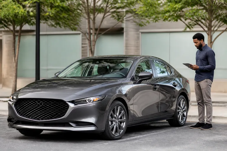 Mazda Mazda3 четвёртого поколения на городской улице перед осмотром перед покупкой. Автомобиль снят спереди под углом в естественном дневном свете.