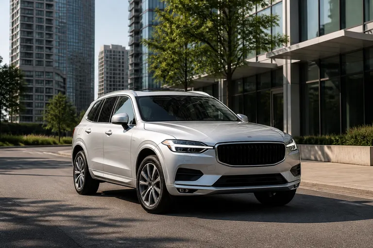 Volvo XC60 стоит на городской дороге перед выездом на трассу. Кроссовер снят в естественном дневном свете, акцент на кузове и дорожной обстановке.