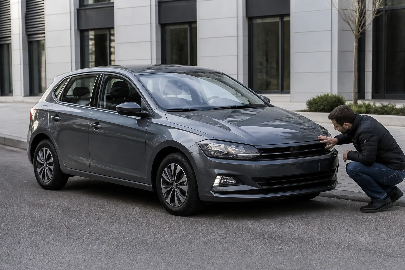 Volkswagen Polo на городской улице перед осмотром перед покупкой. Рядом видны детали кузова и салона, которые важно проверить при выборе автомобиля.