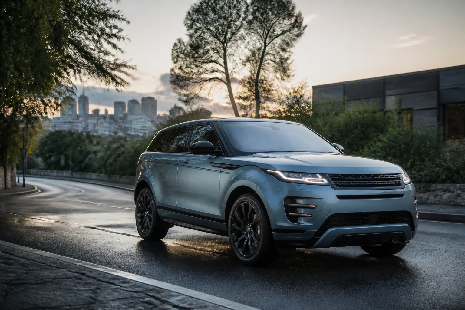 Range Rover Evoque на городской улице перед выездом на трассу. Автомобиль снят в реалистичной обстановке, с акцентом на кузов и дорожные условия.