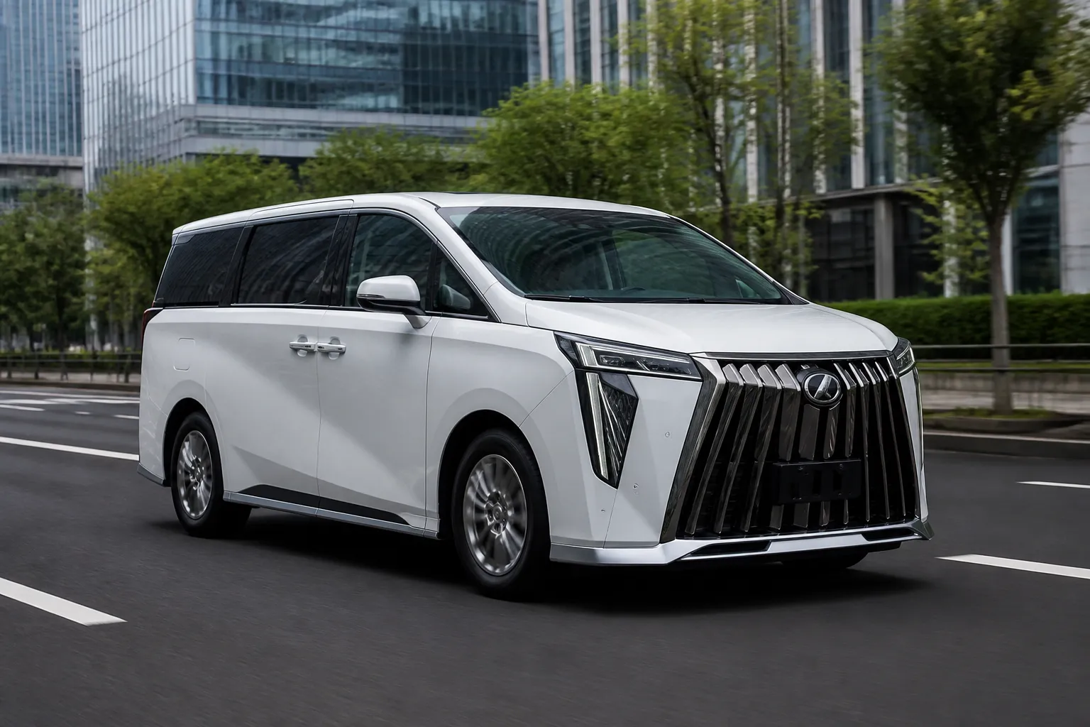 GAC Trumpchi M8 на городской дороге рядом с современным деловым районом. Большой минивэн показан спереди в естественном дневном свете.