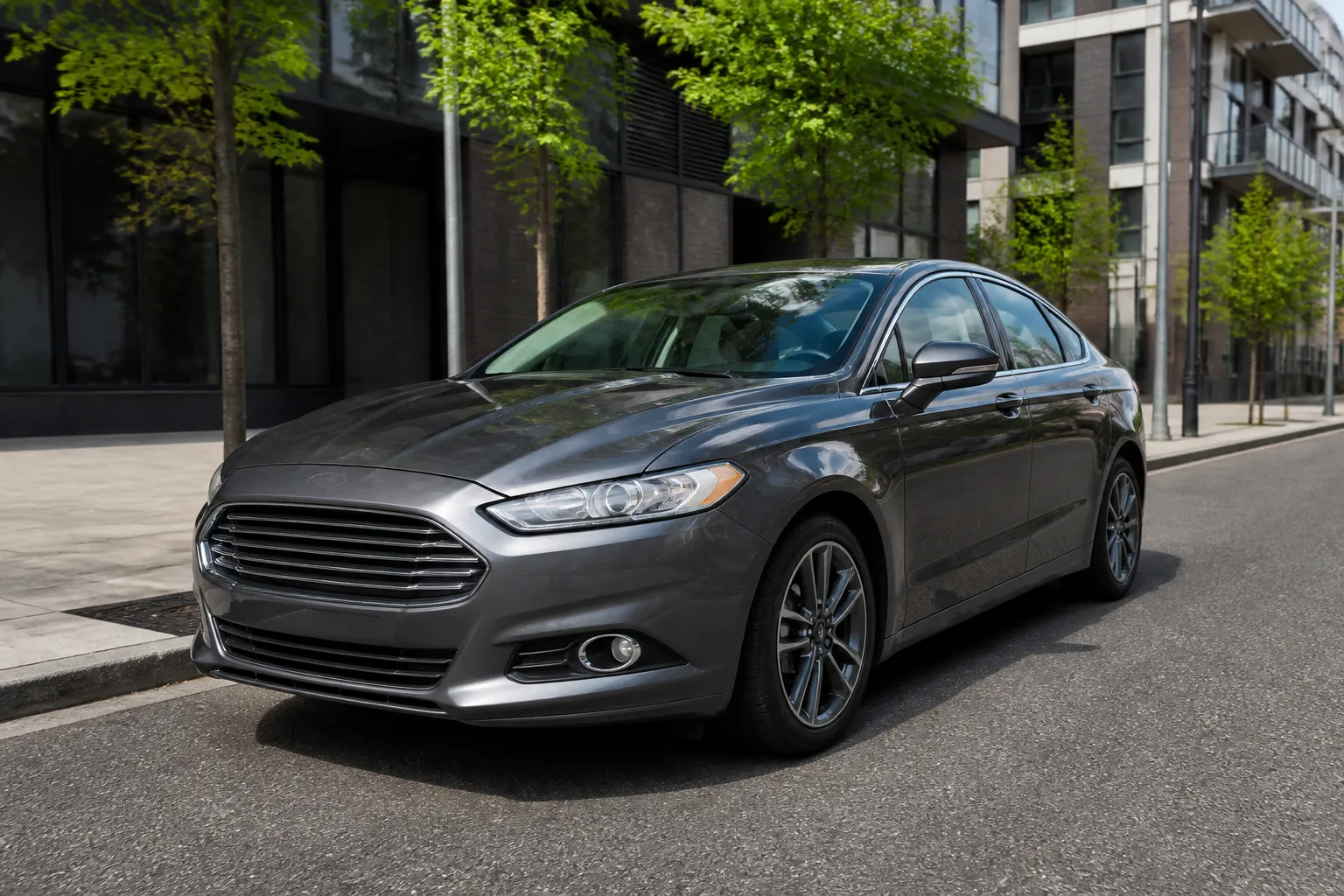 Ford Mondeo на городской дороге перед осмотром перед покупкой. Рядом видны элементы современной городской инфраструктуры и нейтральный свет дневной съемки.