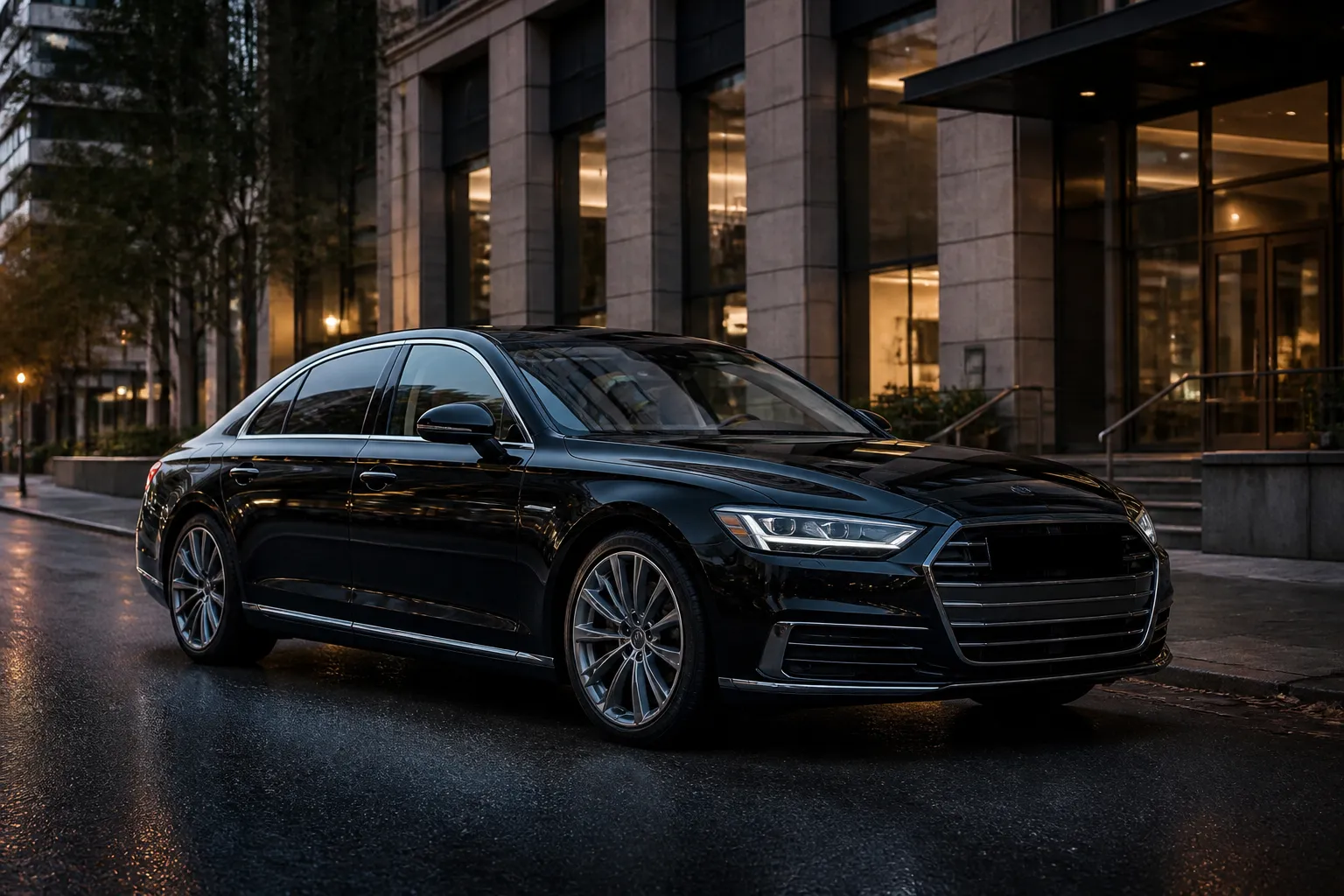 Черный представительский седан Audi A8 стоит на вечерней городской улице рядом с современными зданиями. Вид спереди под углом, мягкий свет отражается в кузове.