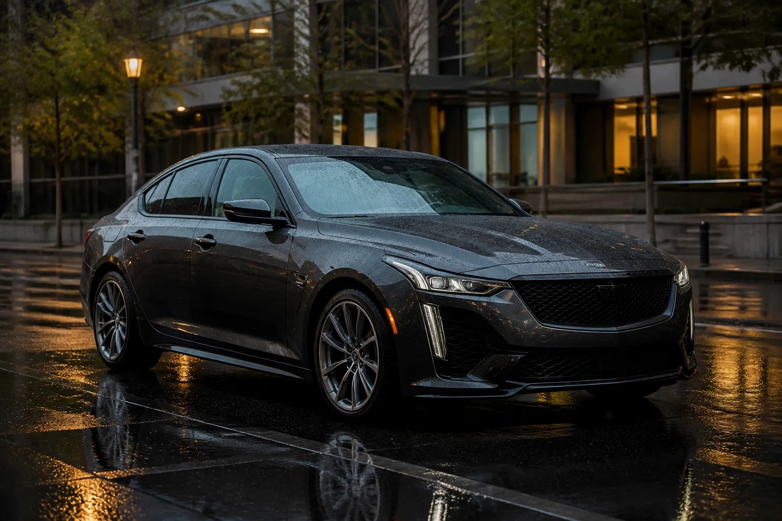 Cadillac CT5 стоит на городской улице перед вечерней поездкой. На фоне видны огни делового квартала и мокрый асфальт после дождя.