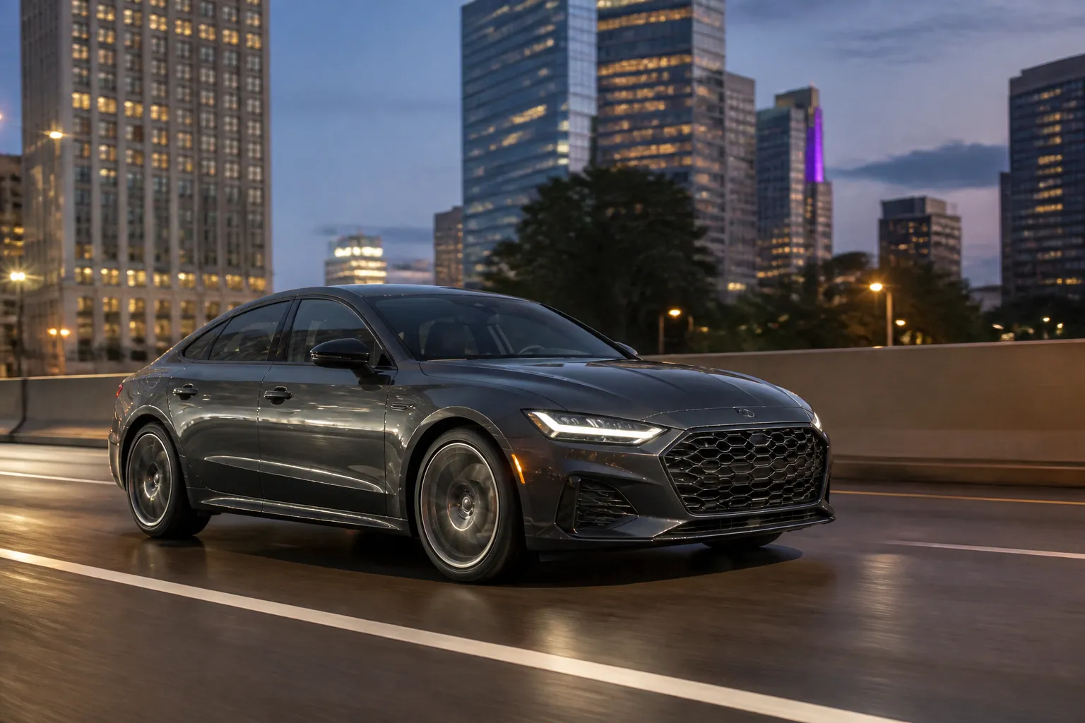 Темно-серый премиальный лифтбек Audi A7 на городской дороге в вечернем свете. Автомобиль показан спереди под углом, вокруг современная городская среда.