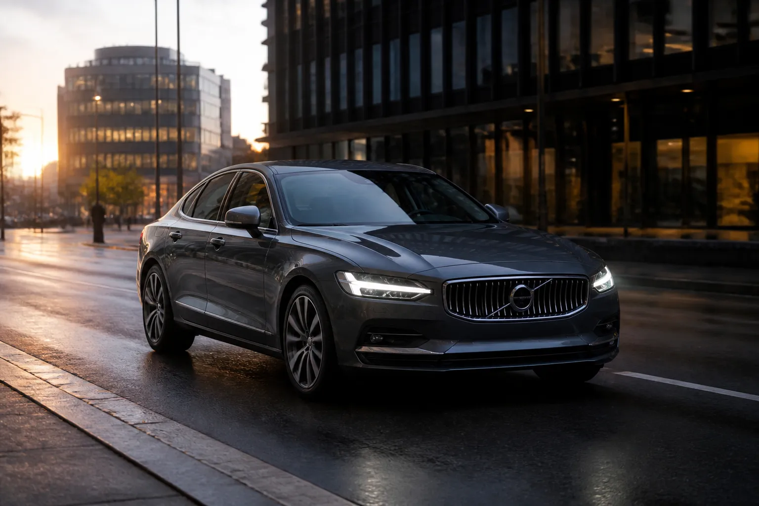 Volvo S90 на городской дороге в спокойном вечернем свете. Премиальный седан показан спереди под углом, на фоне современного делового квартала.