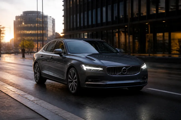Volvo S90 на городской дороге в спокойном вечернем свете. Премиальный седан показан спереди под углом, на фоне современного делового квартала.