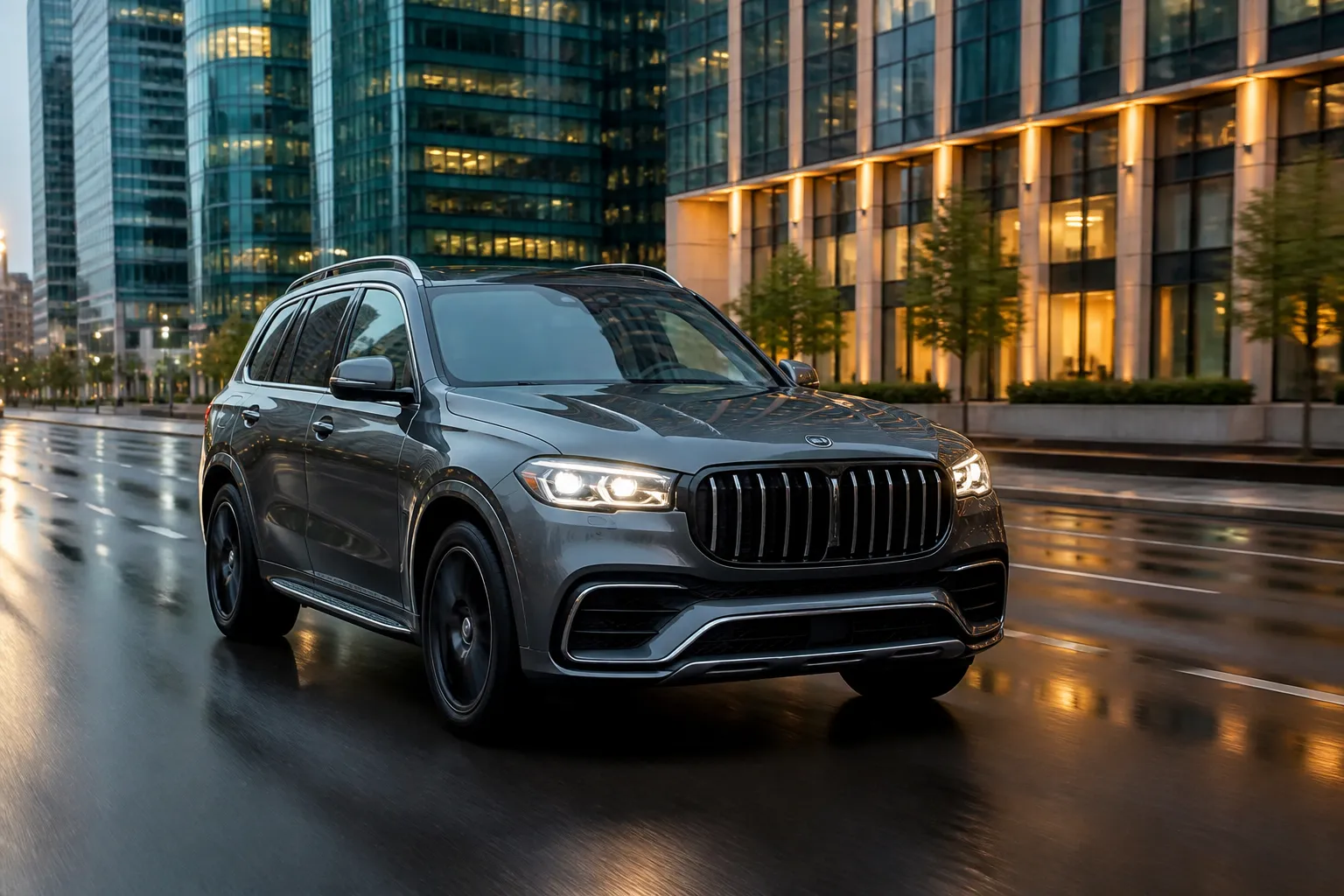 Mercedes-Benz GLS-Class на городской дороге вечером, крупный премиальный кроссовер снят спереди под углом. На фоне современная архитектура и мягкий свет фар.
