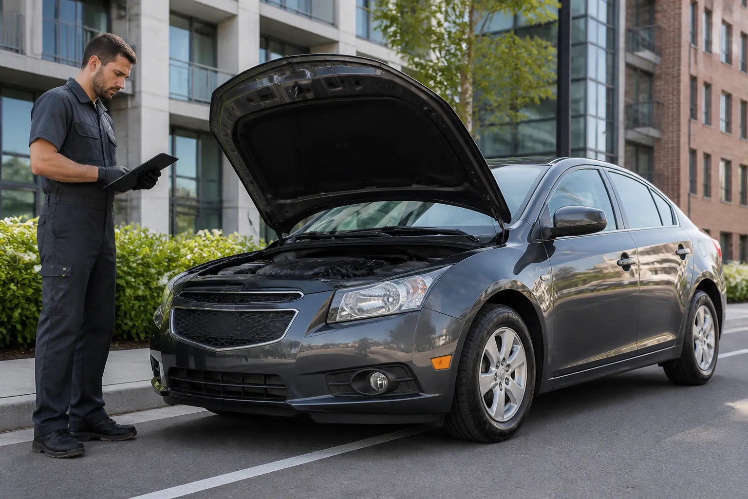 Chevrolet Cruze на городской дороге перед осмотром перед покупкой. Рядом виден открытый капот и человек с диагностическим оборудованием.