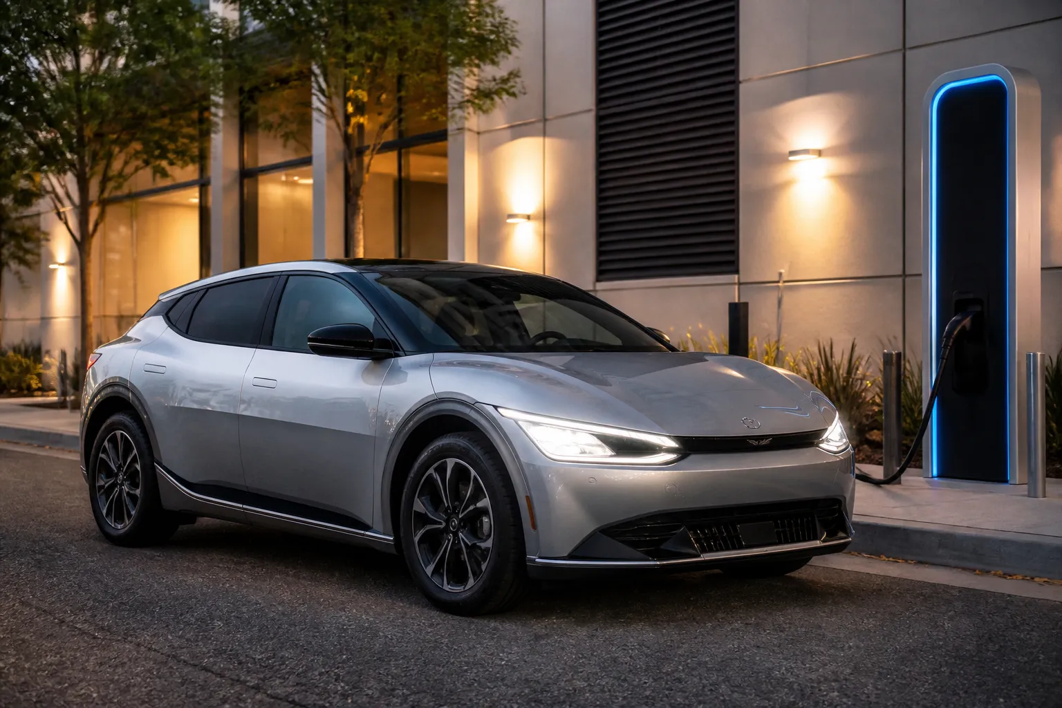 KIA EV6 на городской дороге в вечернем свете, рядом видна зарядная станция. Автомобиль снят в реалистичной дорожной обстановке без лишних деталей.