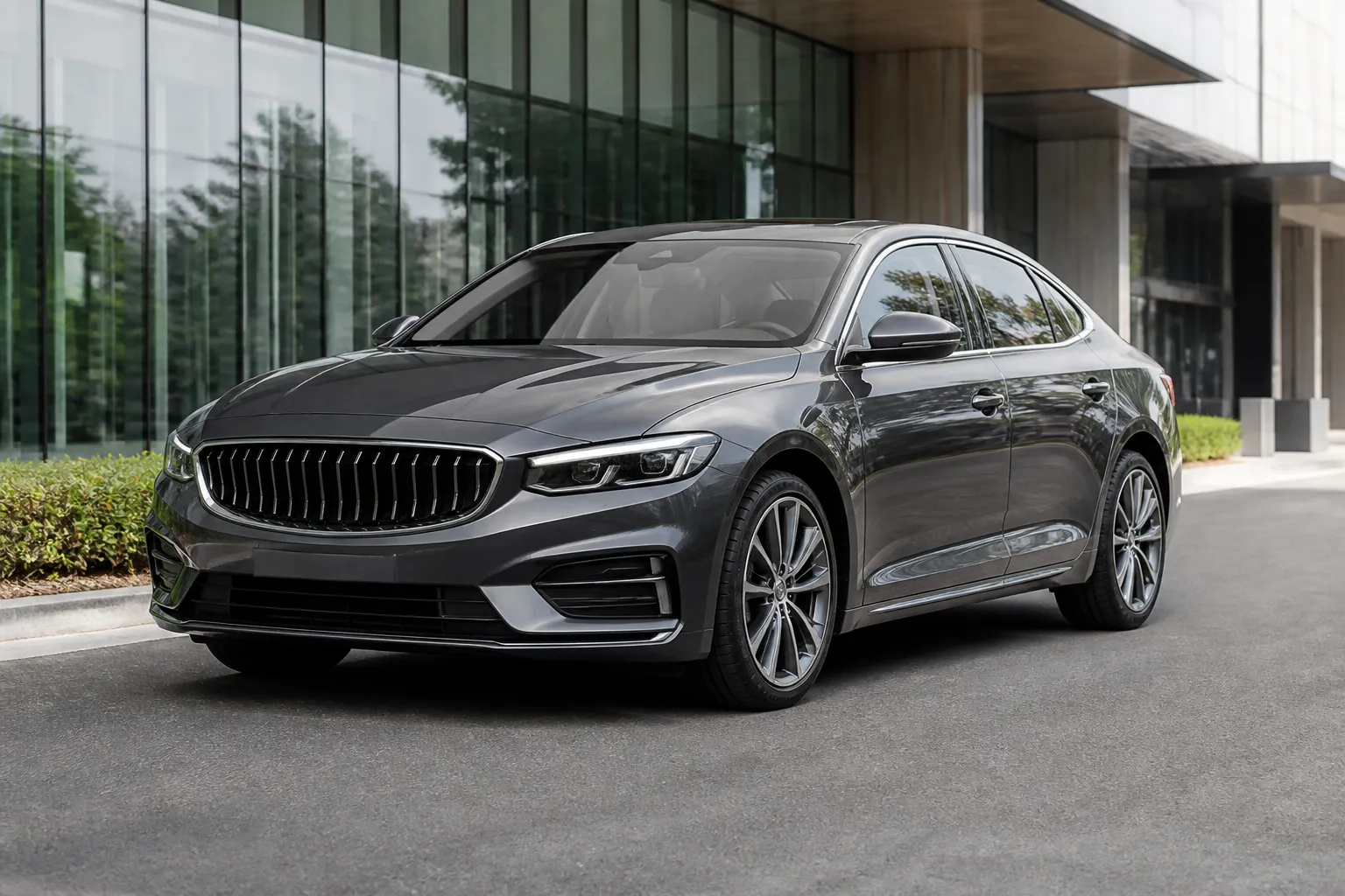 Седан Geely Xingrui на городской дороге перед осмотром перед покупкой. Автомобиль показан в естественном окружении без рекламных надписей.