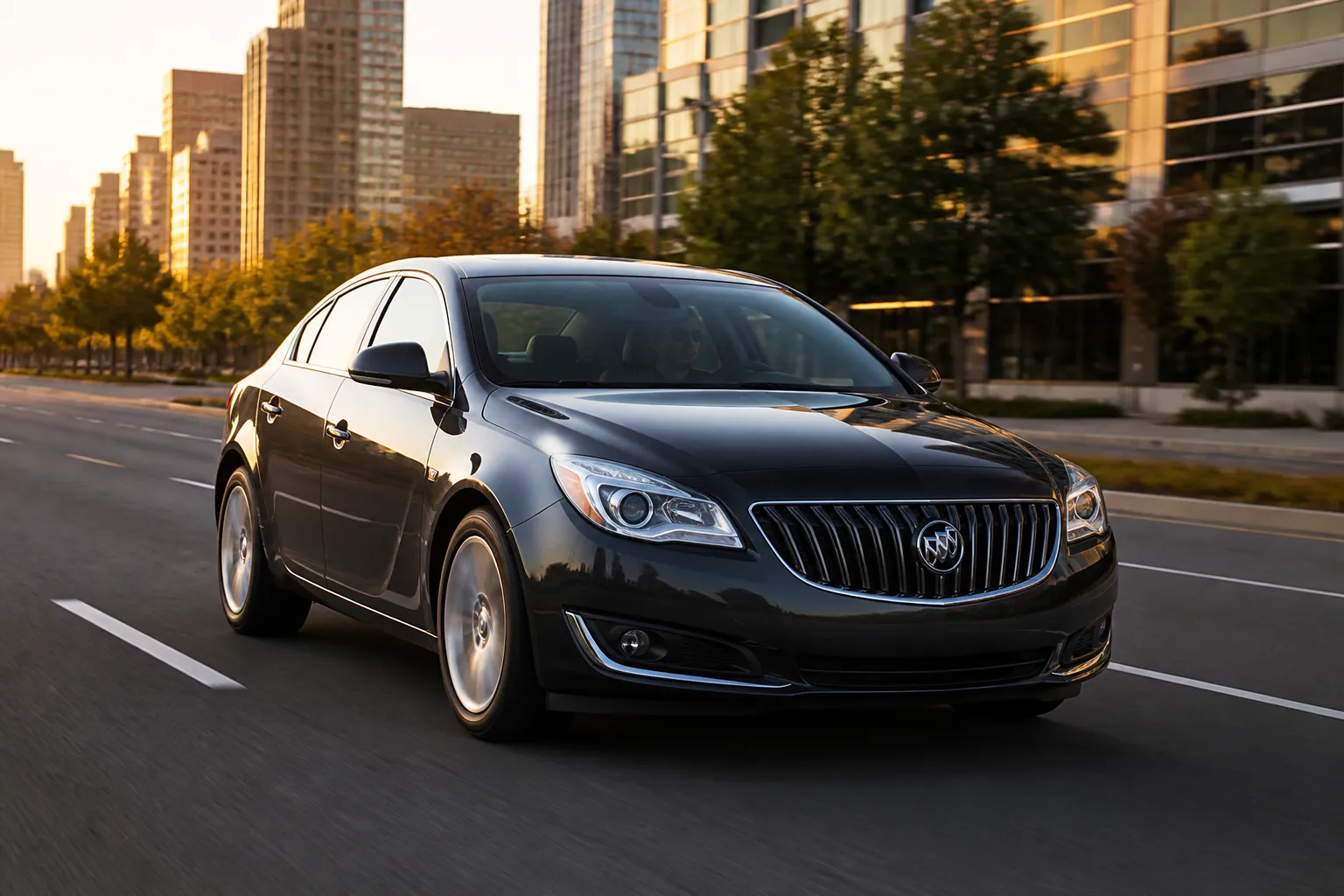 Buick Regal на городской дороге в вечернем свете. Автомобиль показан спереди под углом, вокруг современная улица без лишних деталей.