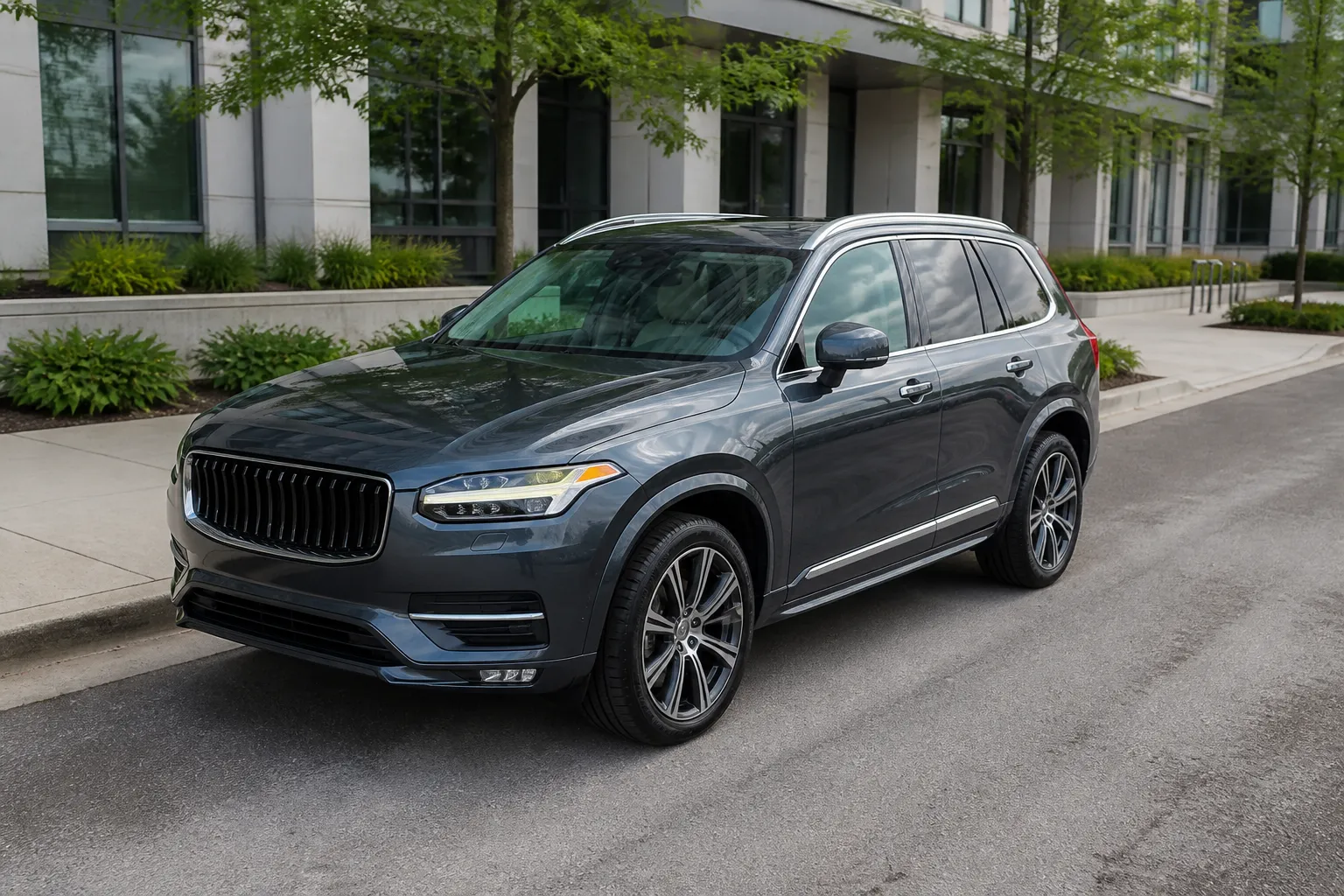 Volvo XC90 на городской дороге перед осмотром и покупкой. Большой премиальный кроссовер снят в естественном свете на фоне современной улицы.