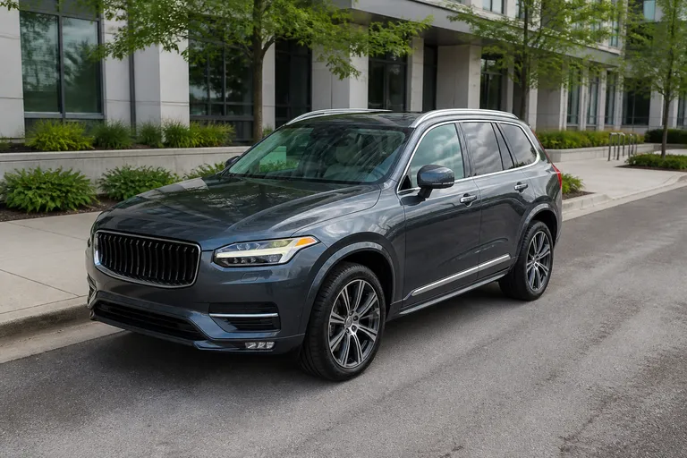 Volvo XC90 на городской дороге перед осмотром и покупкой. Большой премиальный кроссовер снят в естественном свете на фоне современной улицы.