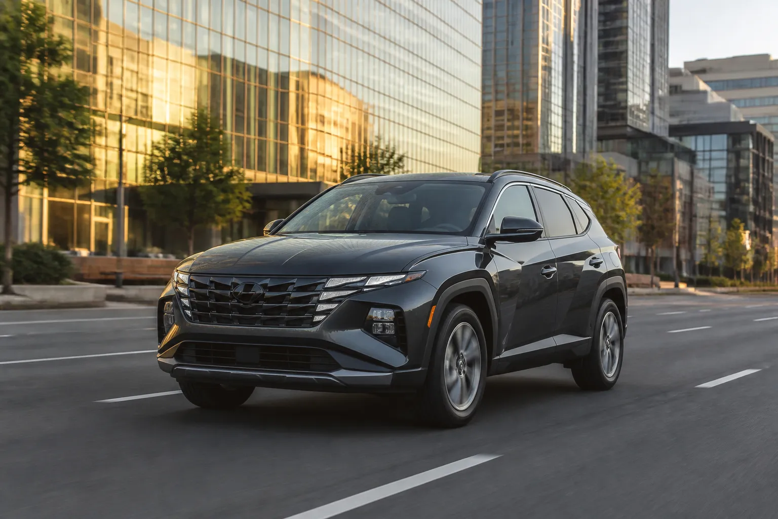 Hyundai Tucson последнего поколения на городской дороге, рядом видны современные здания и вечернее освещение. Обложка передаёт тему выбора кроссовера под заказ.