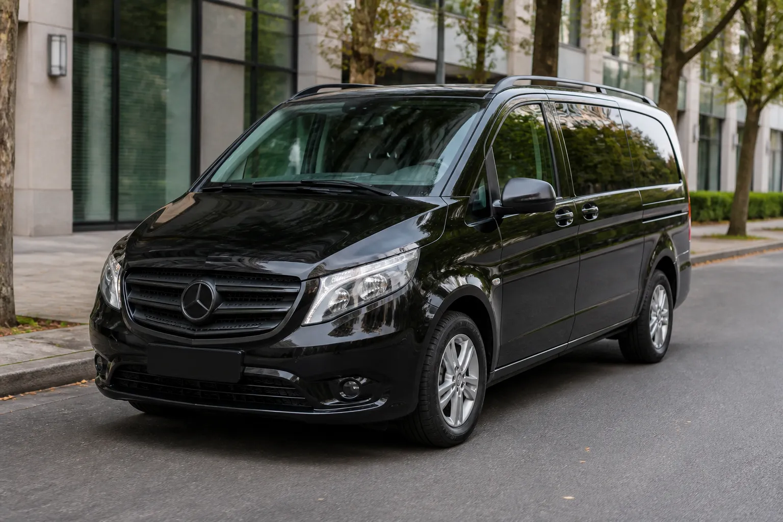 Mercedes-Benz Vito на городской дороге перед осмотром и покупкой. Автомобиль снят в реалистичной обстановке без рекламных надписей.