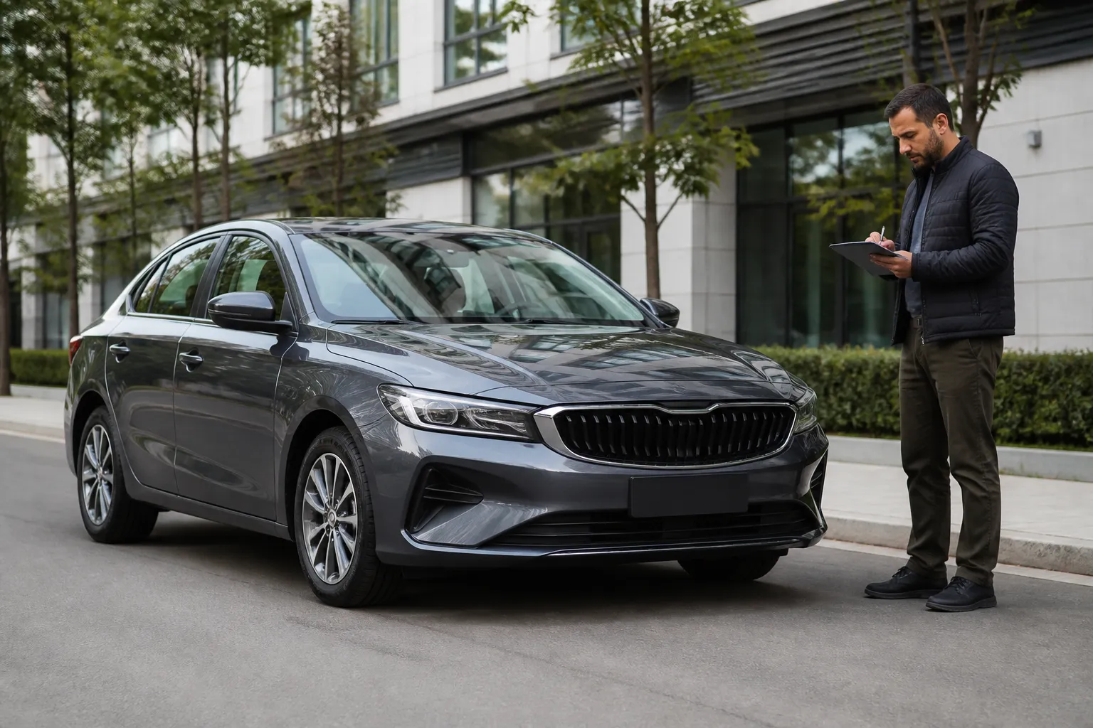 Geely Emgrand на городской улице перед осмотром перед покупкой. Рядом виден планшет с диагностическим отчетом и открытая дверь автомобиля.