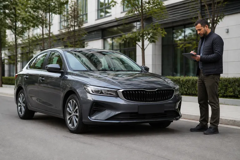 Geely Emgrand на городской улице перед осмотром перед покупкой. Рядом виден планшет с диагностическим отчетом и открытая дверь автомобиля.