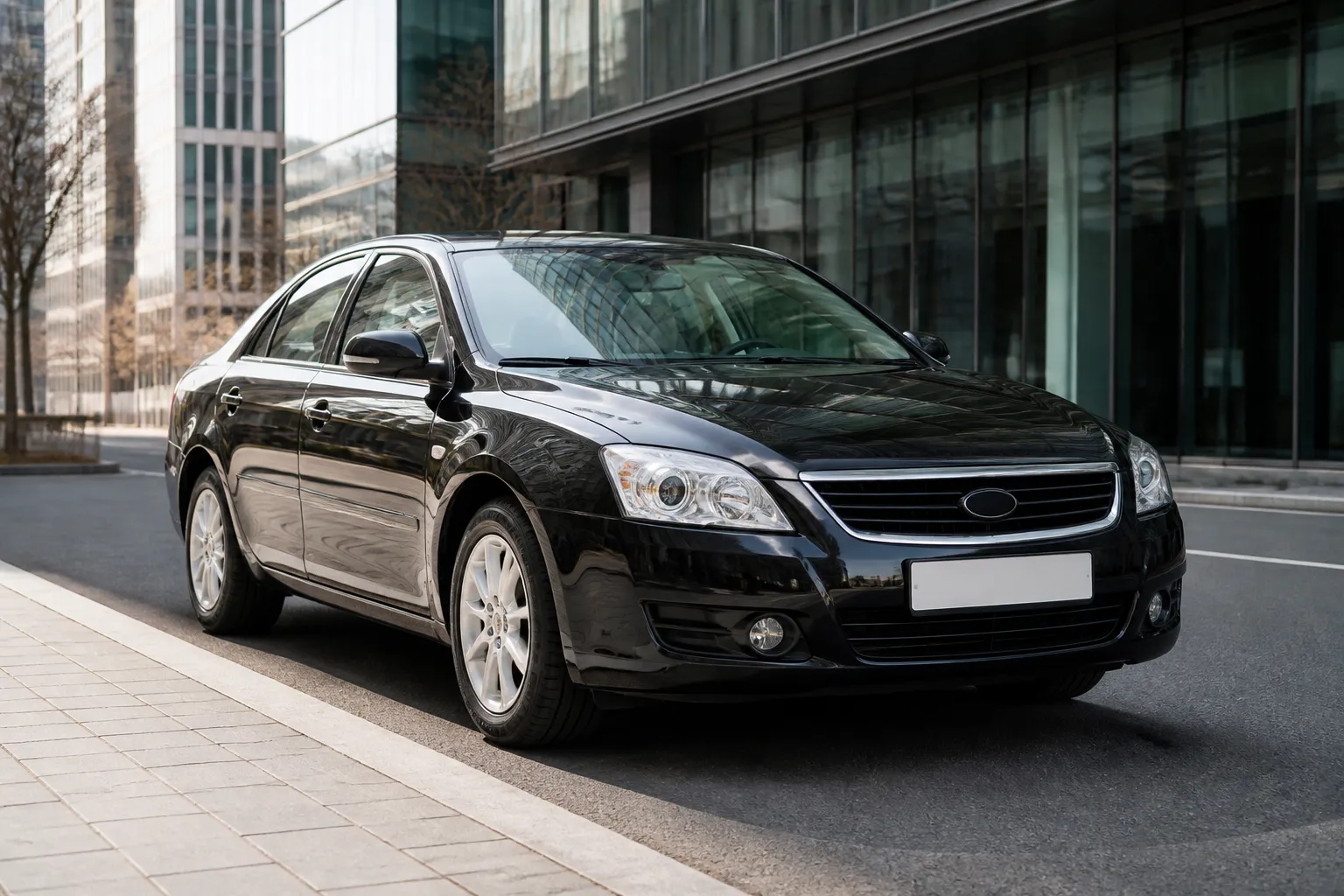 Renault Samsung SM5 на городской улице в Южной Корее, снятый спереди под углом. Автомобиль стоит у обочины в мягком дневном свете.