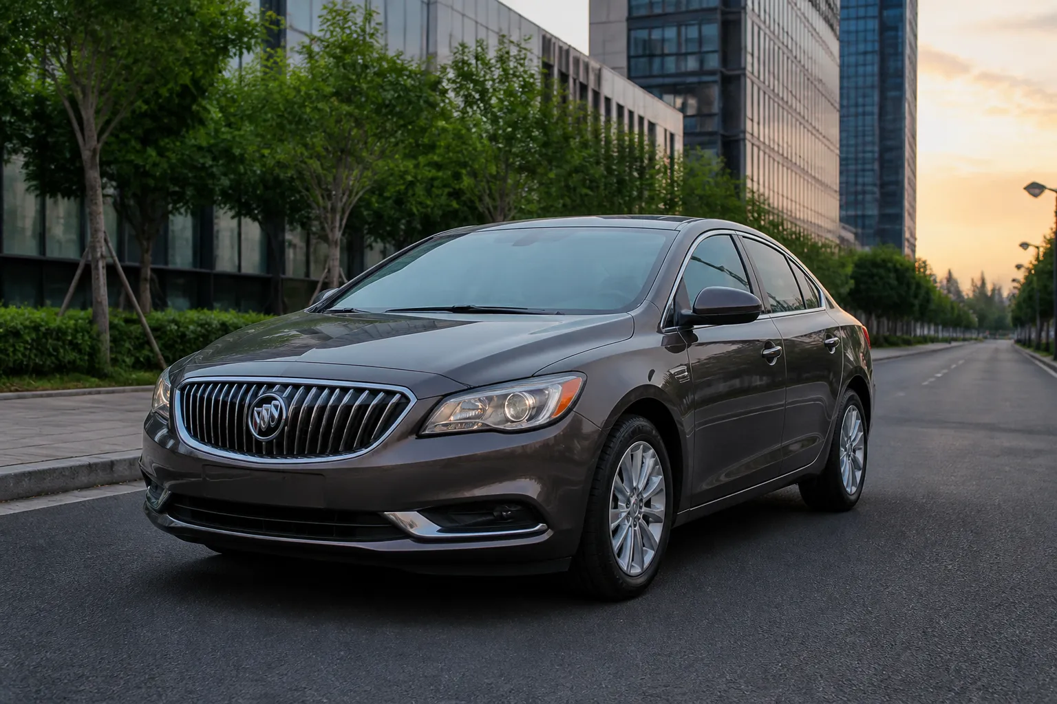 Buick Verano на городской улице в вечернем свете. Автомобиль снят спереди под углом, вокруг современная городская застройка.