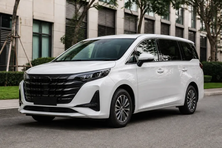 GAC Trumpchi M6 на городской улице, семейный минивэн снят спереди под углом в естественном дневном свете.