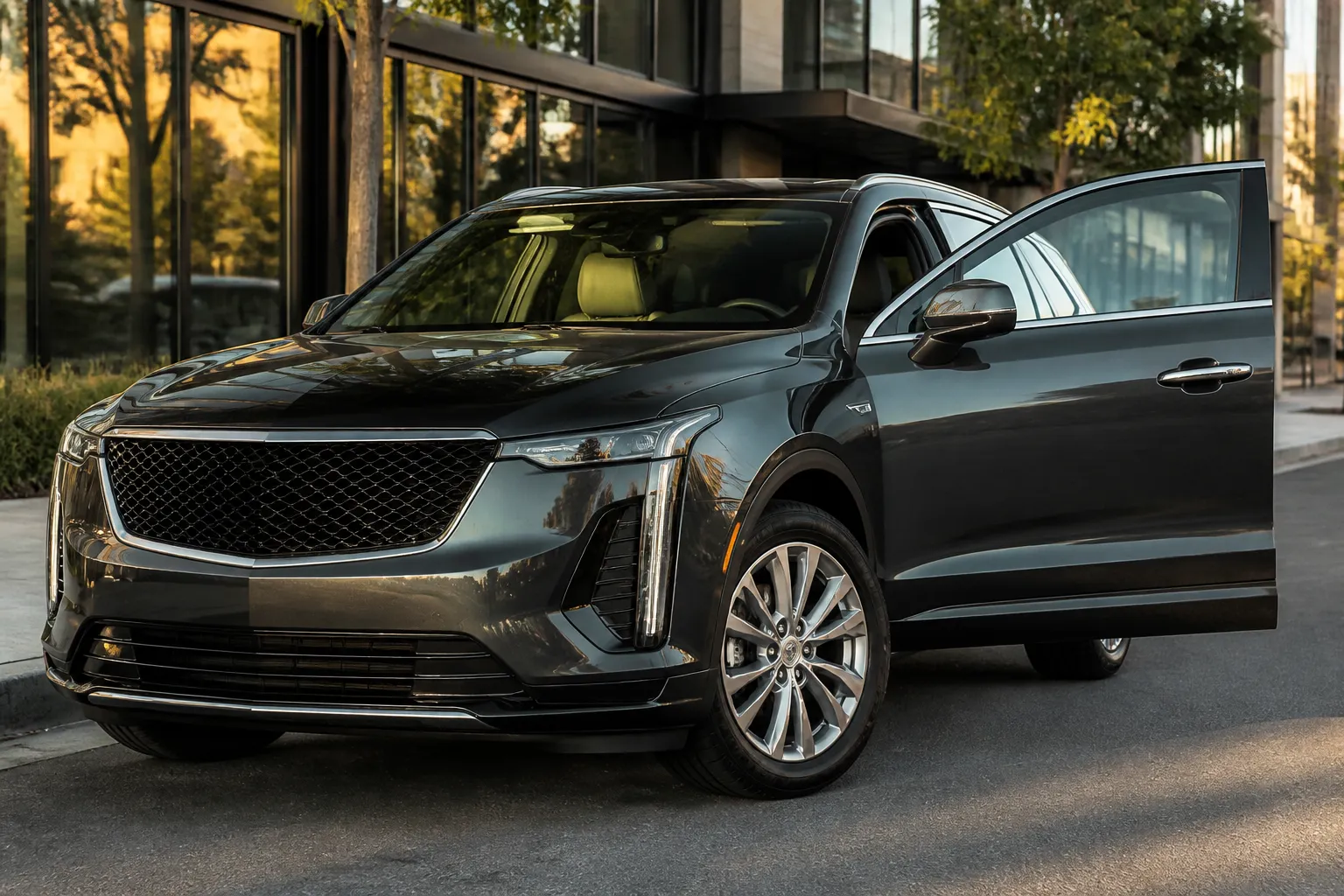 Cadillac XT5 стоит на городской дороге перед осмотром перед покупкой. Рядом видны детали салона и кузова, которые важно проверить при выборе автомобиля.
