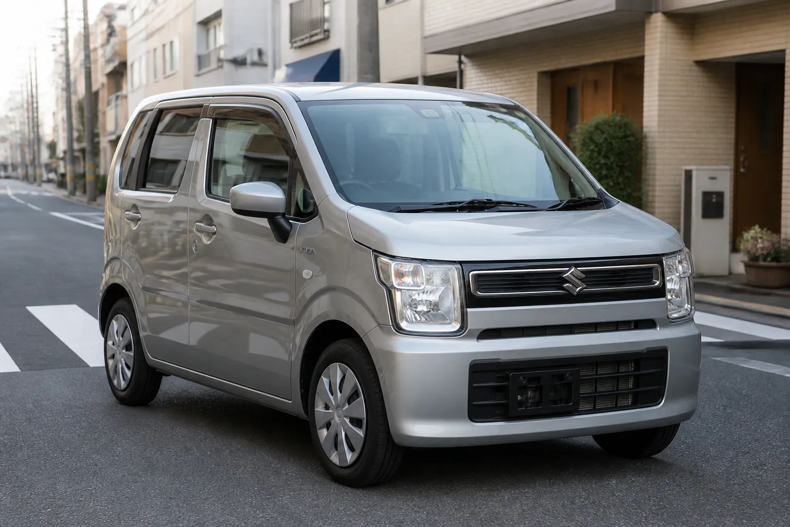 Suzuki Wagon R на городской улице в Японии, припаркованный у обочины рядом с разметкой и низкими зданиями. Сцена подчёркивает компактный городской формат автомобиля.