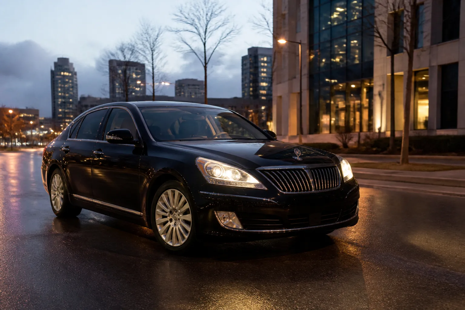 Представительский седан Hyundai Equus на городской дороге вечером. Автомобиль снят спереди под углом, на фоне современная улица и мягкий свет фар.