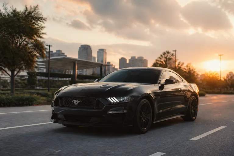 Ford Mustang на городской дороге в вечернем свете. Автомобиль показан спереди под углом, акцент на кузове и спортивной посадке.