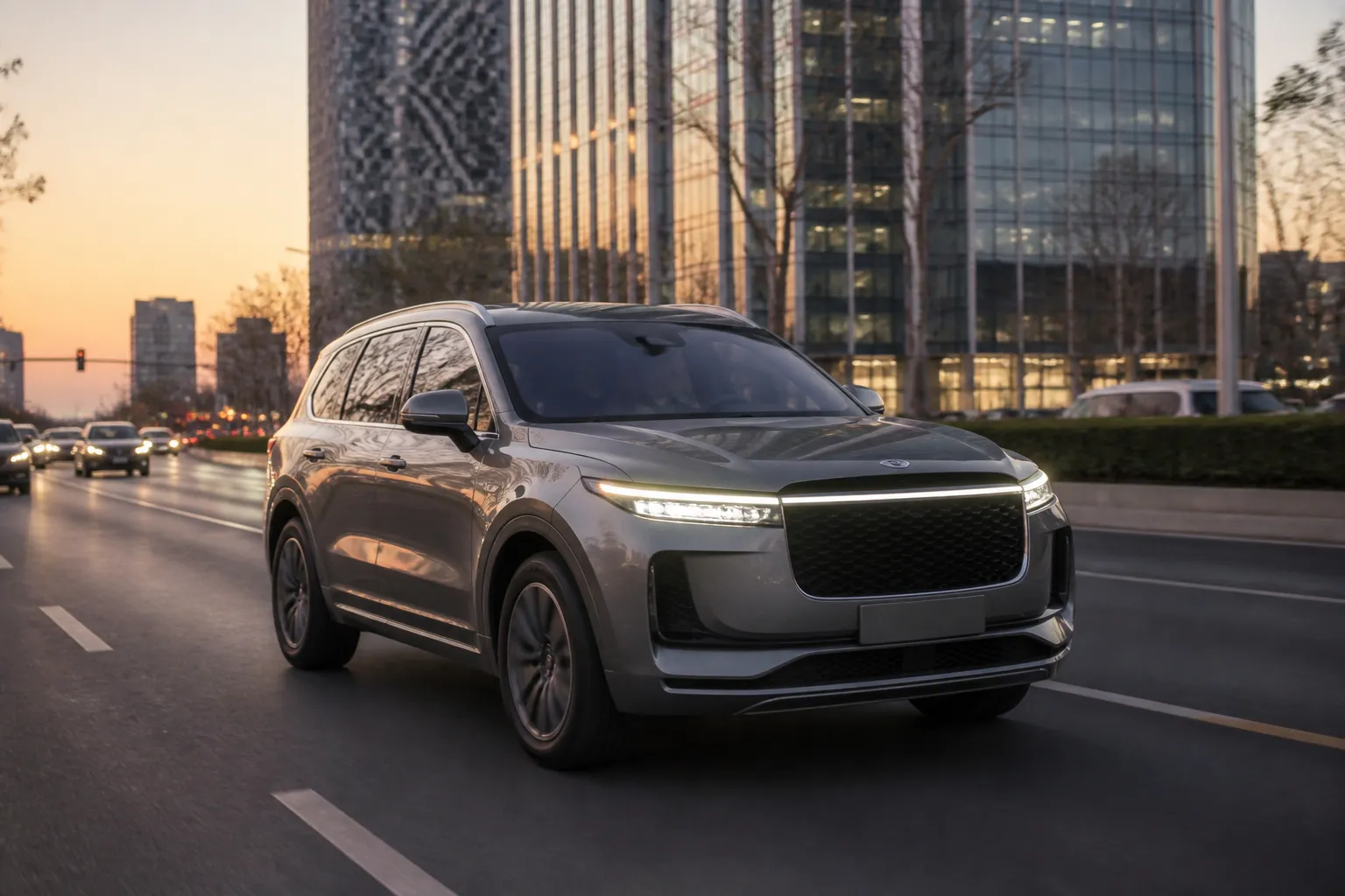 Большой кроссовер Li Auto ONE на городской дороге в вечернем свете. Автомобиль показан спереди под углом, вокруг современная городская среда.