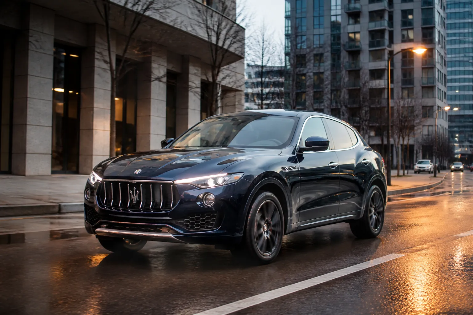 Maserati Levante на городской дороге перед вечерней деловой застройкой. Автомобиль снят спереди под небольшим углом, акцент на кузове и дорожной сцене.