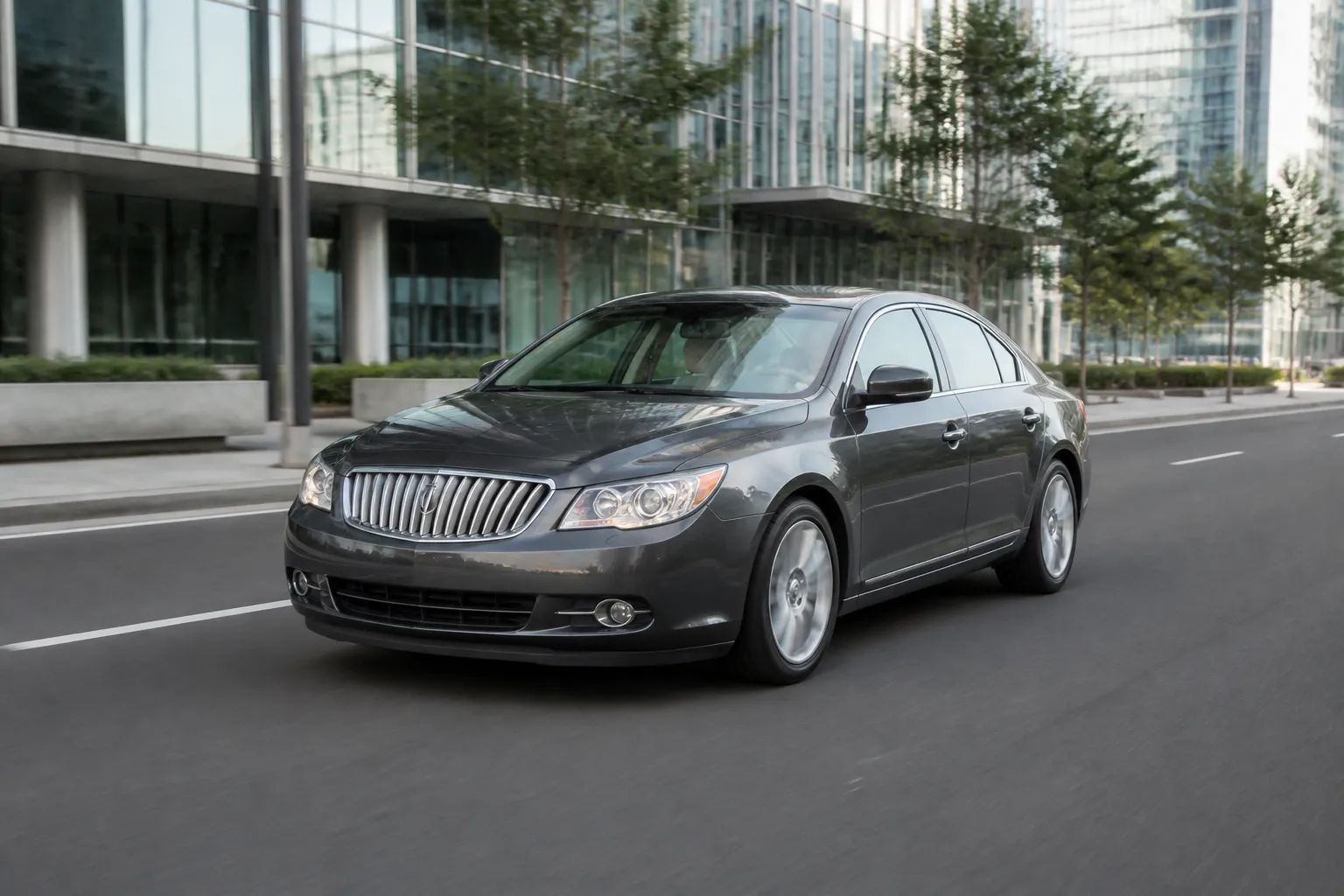 Buick Lacrosse на городской дороге перед деловым кварталом. Большой седан снят в реалистичной манере при мягком дневном свете.