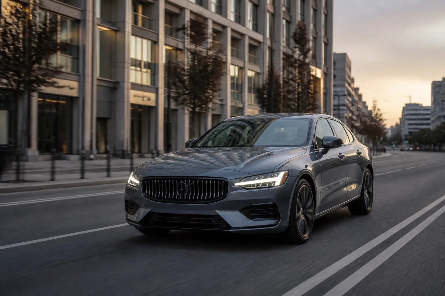 Седан Volvo S60 на городской дороге вечером, снятый спереди под углом. На фоне видны современные здания и спокойный поток машин.