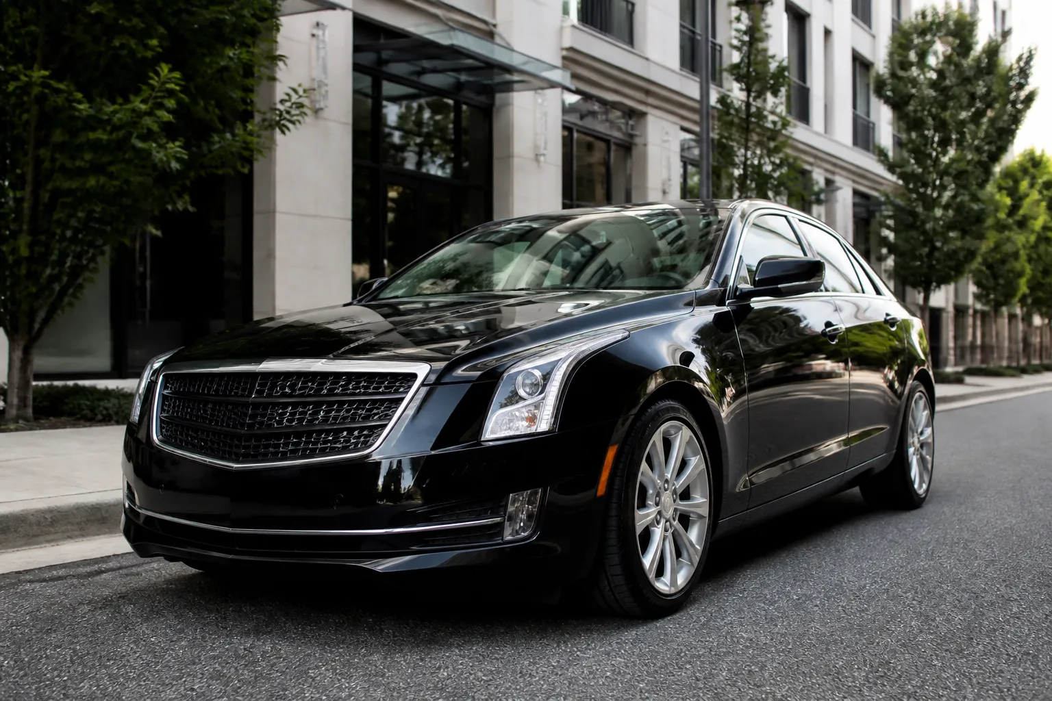 Cadillac ATS на городской дороге перед осмотром перед покупкой. На фоне видны современная улица и нейтральное дневное освещение.
