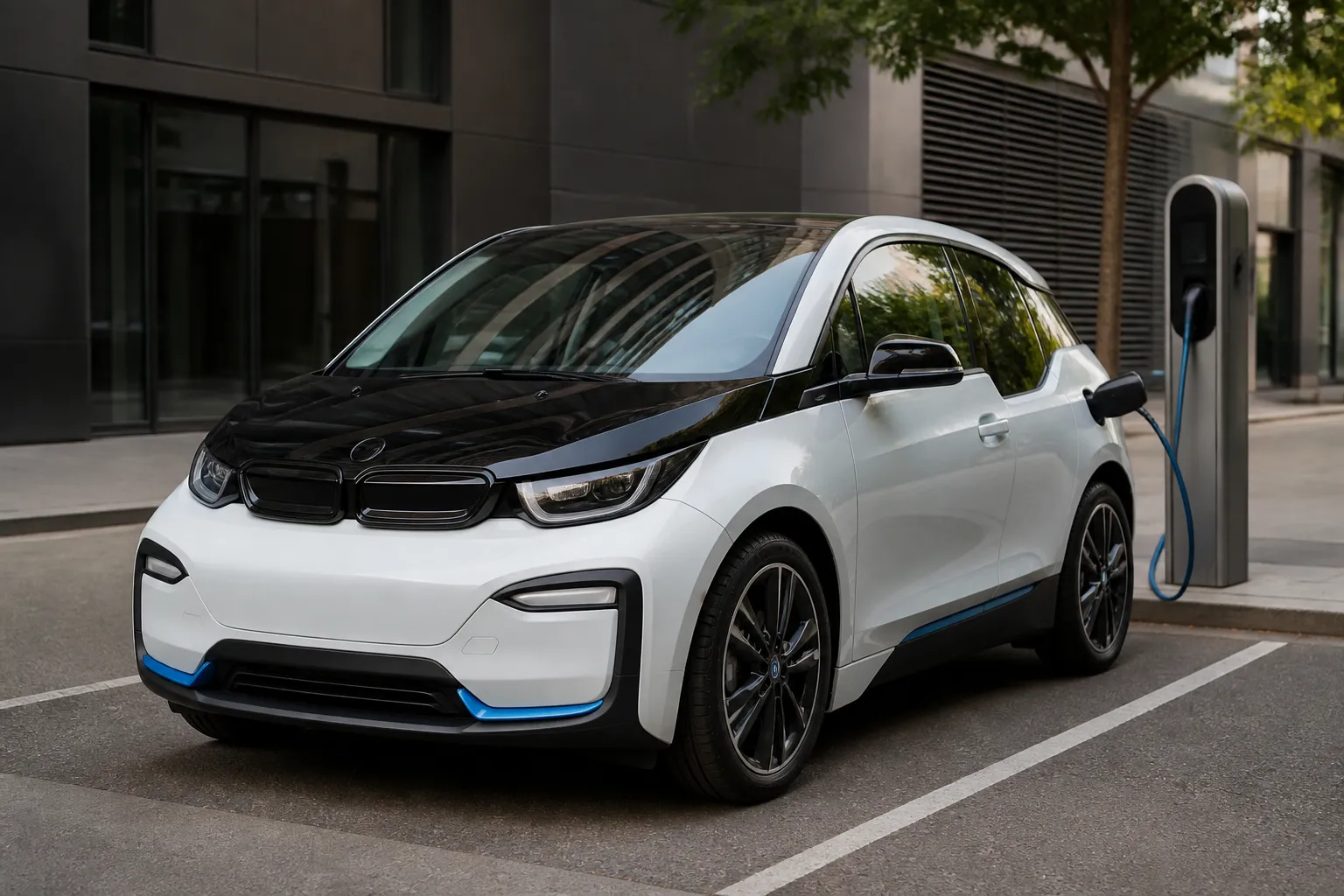 Электрический седан BMW I3 стоит на городской улице у зарядной станции. Машина снята спереди под углом в мягком дневном свете.