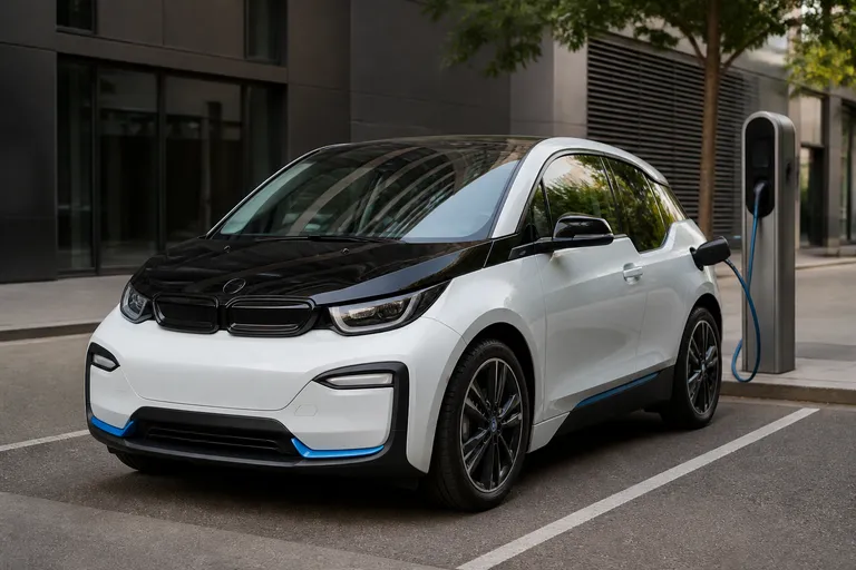 Электрический седан BMW I3 стоит на городской улице у зарядной станции. Машина снята спереди под углом в мягком дневном свете.