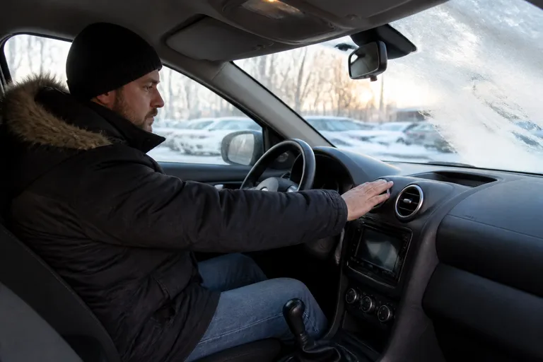 Водитель проверяет работу печки в салоне автомобиля зимой, на стекле виден лёгкий иней. Машина стоит на улице в холодную погоду.