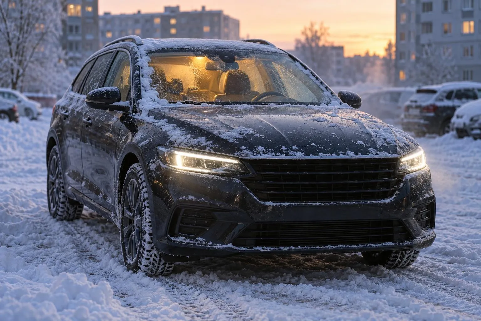 Зимнее утро: автомобиль стоит на заснеженной парковке с запотевшим лобовым стеклом, из дефлекторов в салоне идёт тёплый воздух. Сцена показывает подготовку машины к поездке в мороз.