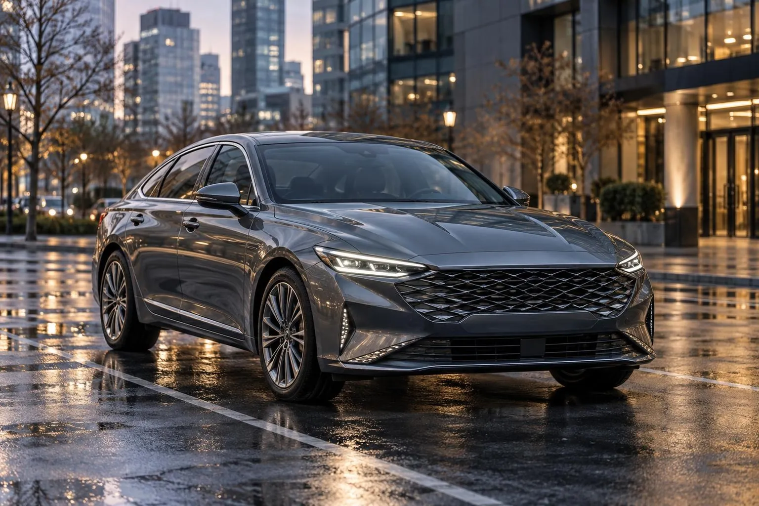 KIA K8 стоит на городской парковке вечером, рядом виден современный деловой квартал. Кадр подчёркивает формат большого корейского седана для выбора и ввоза под ключ.