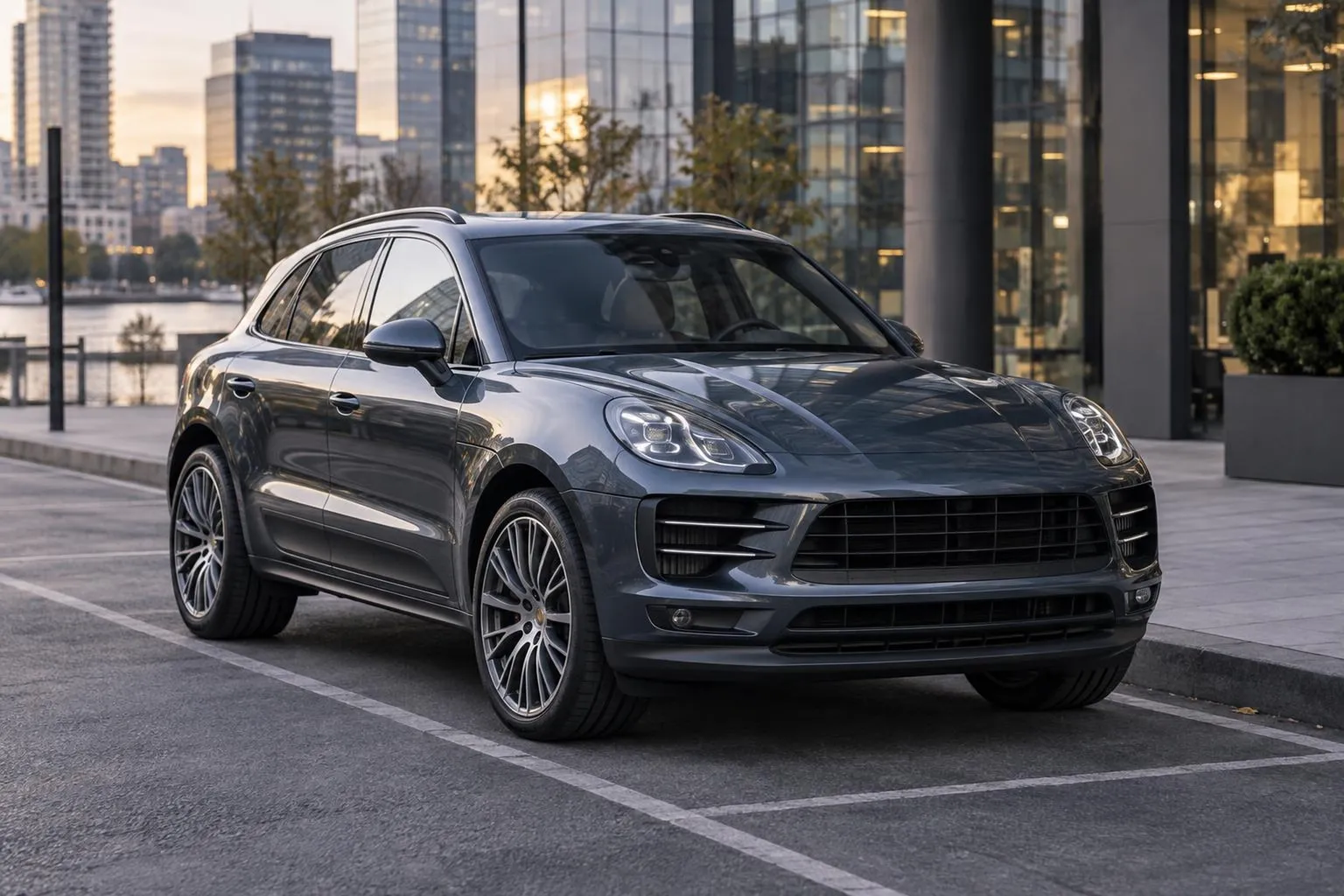 Porsche Macan на городской парковке у современного здания, снятый спереди под углом. Сцена подчёркивает выбор премиального кроссовера для привоза под ключ.