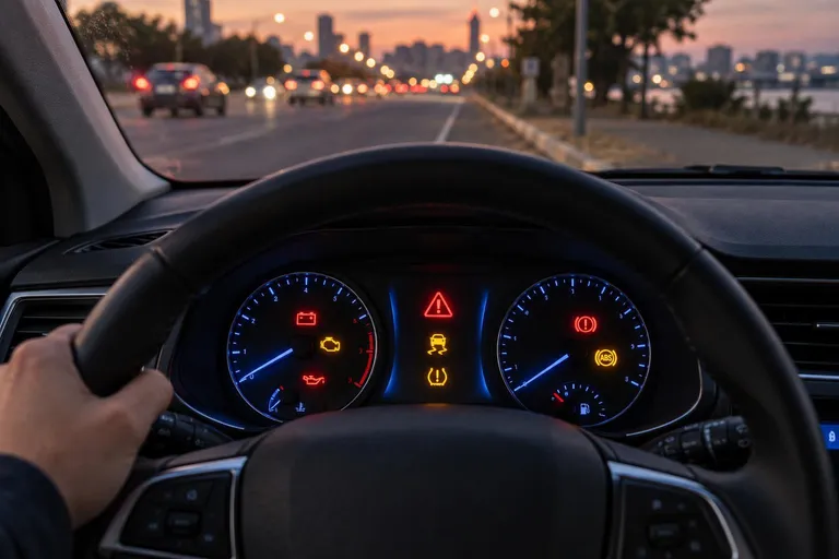 На обложке показана приборная панель автомобиля с загоревшимися предупреждающими индикаторами. Водительская рука находится рядом с рулём, машина стоит на обочине в сумерках.