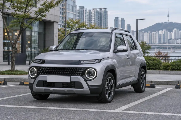 Компактный Hyundai Casper стоит на городской парковке в Южной Корее. Машина показана спереди под углом, чтобы подчеркнуть формат небольшого городского SUV.