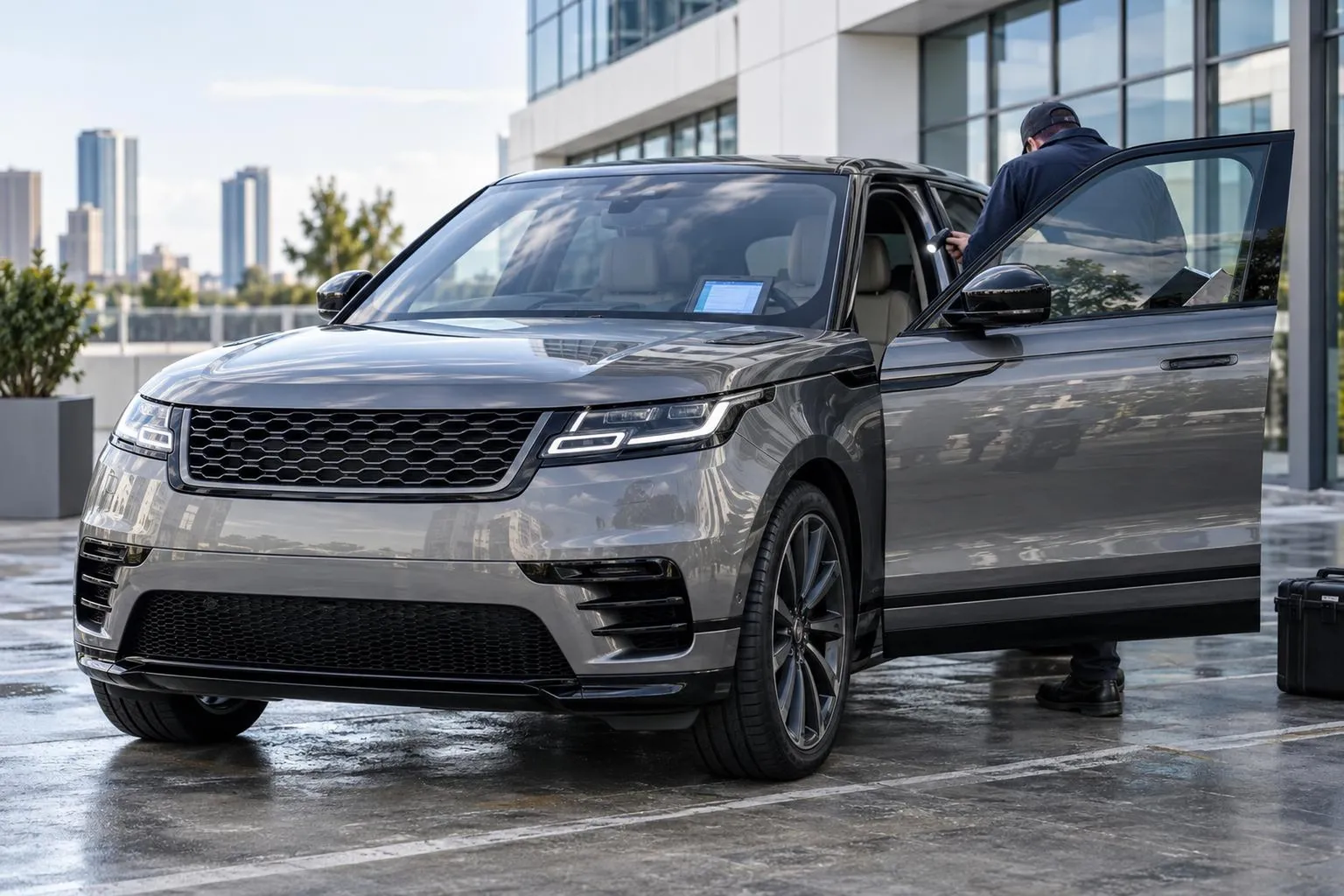 На обложке Range Rover Velar стоит на городской парковке перед осмотром, рядом видны планшет с диагностикой и открытая дверь салона. Сцена передаёт выбор подержанного премиального автомобиля перед покупкой.