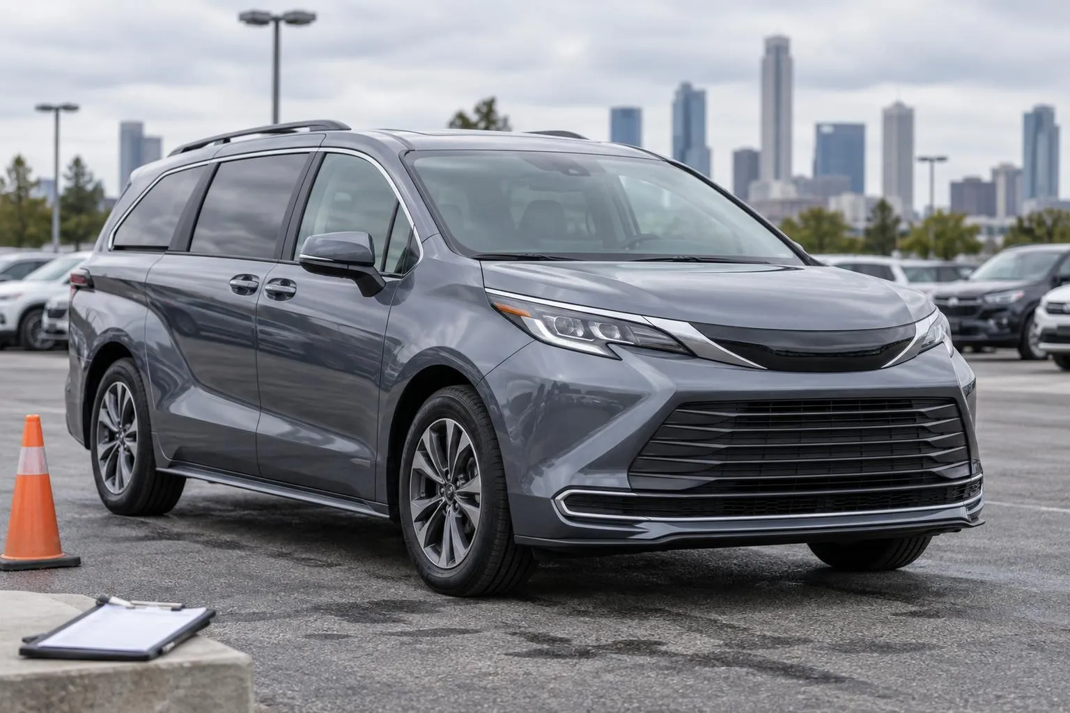 Toyota Sienna на площадке перед предпродажным осмотром. Крупный семейный минивэн показан так, чтобы были видны кузов, колёса и салон через боковые окна.