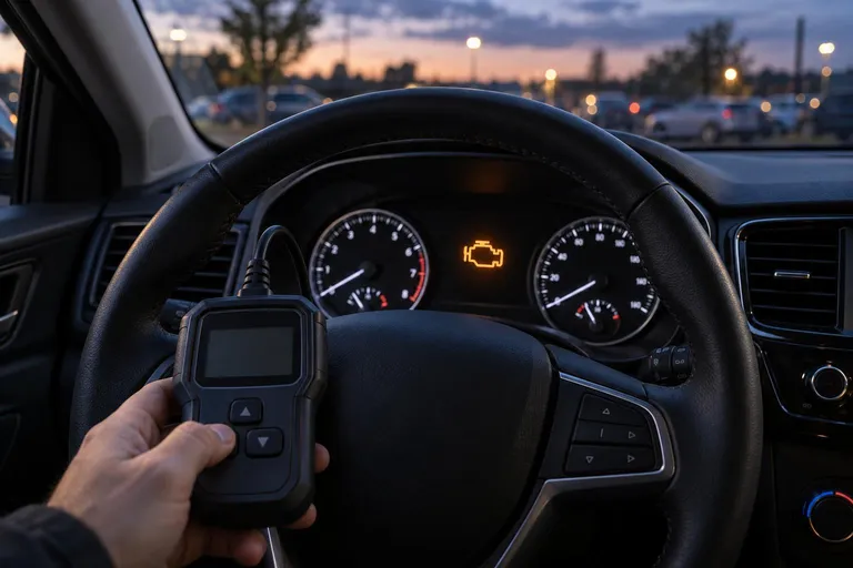 На обложке показана приборная панель автомобиля с горящим индикатором Check Engine. Рука водителя держит небольшой диагностический OBD-сканер в салоне.