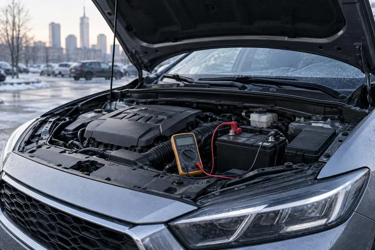 Автомобиль стоит на парковке с открытым капотом, рядом виден аккумулятор и мультиметр для проверки напряжения. Сцена передаёт диагностику разряженной батареи без лишних деталей.