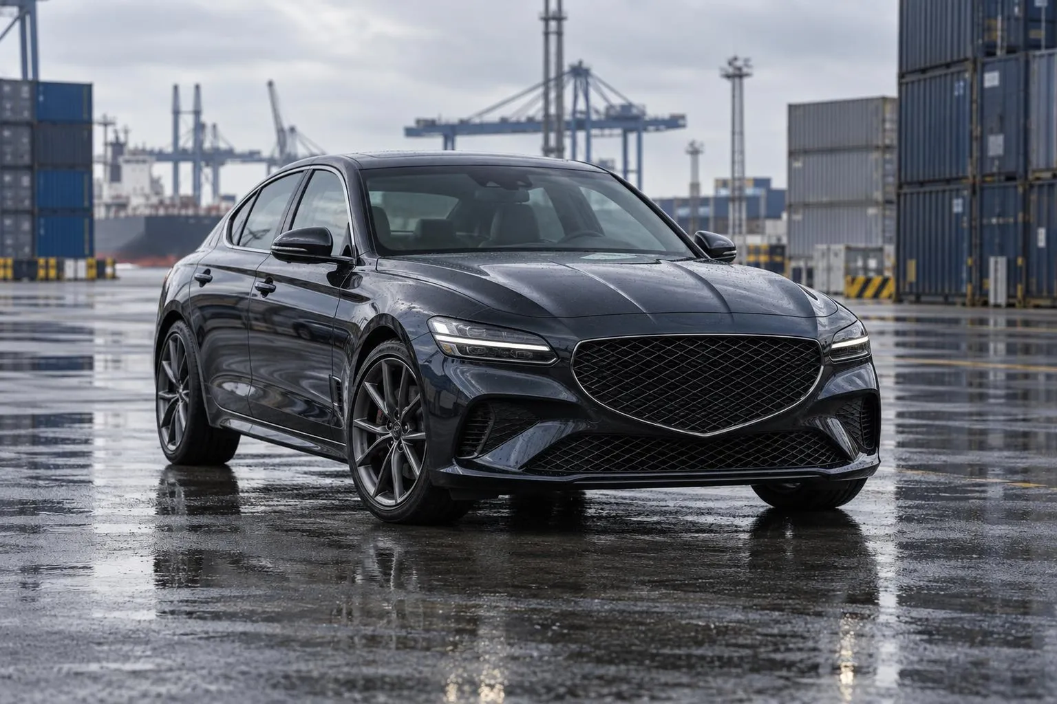 Рестайлинговый Genesis G70 стоит на площадке перед отправкой, рядом видны элементы портовой инфраструктуры. Машина показана как премиальный седан для ввоза из Южной Кореи.
